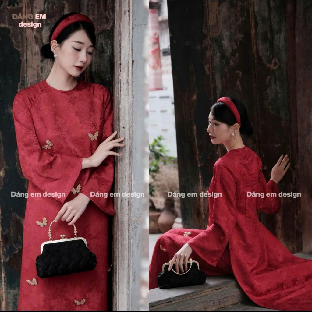 [Tặng 10 bướm] Áo dài Châu Điệp - Áo dài tết gấm vân hoa chìm form cổ tròn, xuông, tay loe mặc đi tiệc, áo dài tết nữ