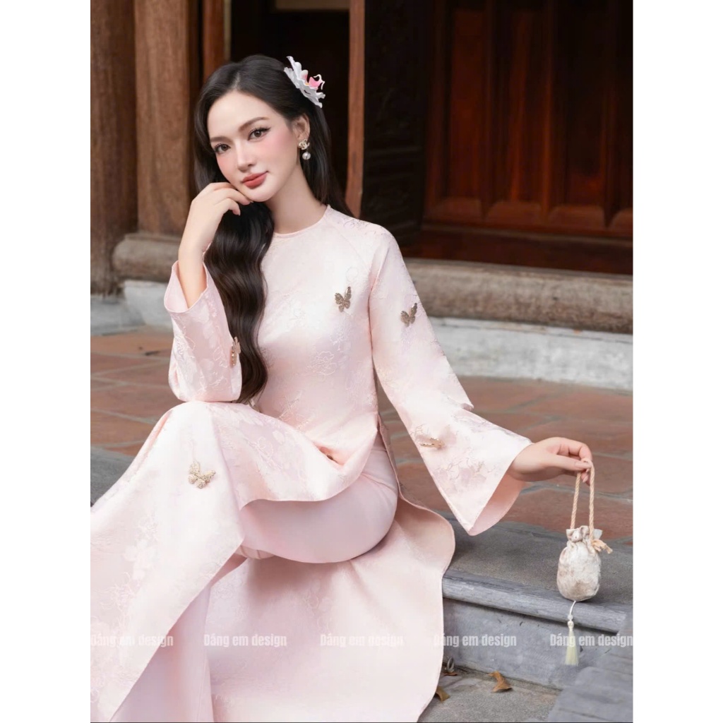 [Tặng 10 bướm] Áo dài Châu Điệp - Áo dài tết gấm vân hoa chìm form cổ tròn, xuông, tay loe mặc đi tiệc, áo dài tết nữ