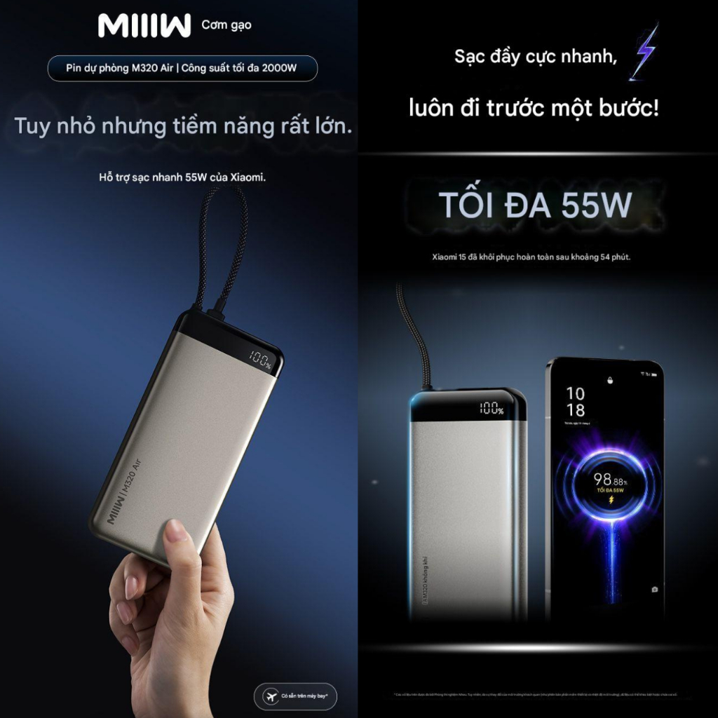 Sạc MiiiW M320 Air 20000mAh 55W 3 Cổng Cáp Tích Hợp IPB2055S - Bảo Hành 12 Tháng | BigBuy360 - bigbuy360.vn