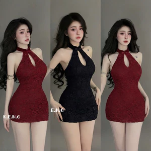 Đầm body ren yếm sườn xám nữ sang chảnh chơi du lịch a24