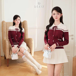 DELIZ TET 2026 - Áo khoác cardigan len phối nơ đan dọc vặn thừng dài tay 2 màu tiểu thư cao cấp CD115