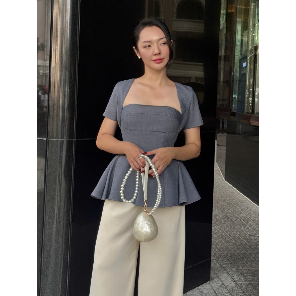 Orli Label | Bryn Shirt | Hale Navy / Pink | Áo cúp có tay form peplum | Xanh chì / Hồng