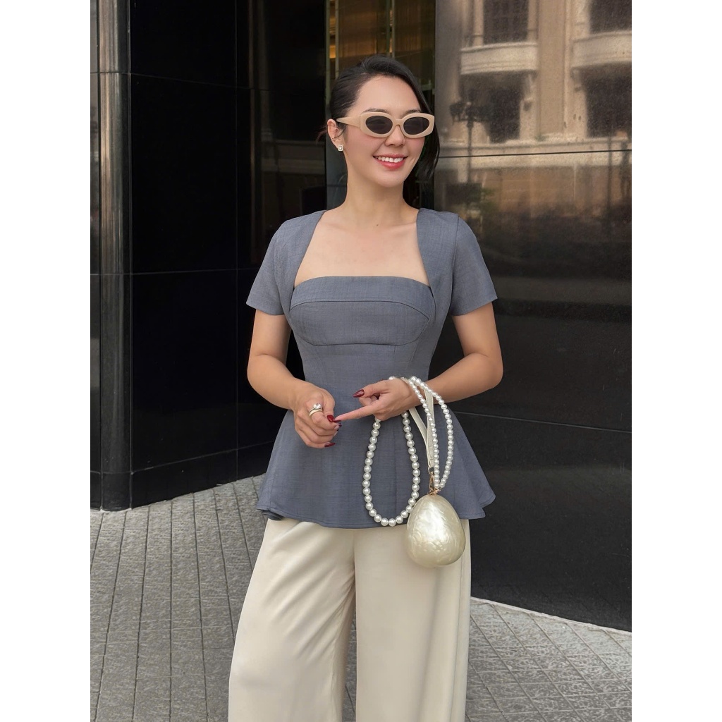 Orli Label | Bryn Shirt | Hale Navy / Pink | Áo cúp có tay form peplum | Xanh chì / Hồng