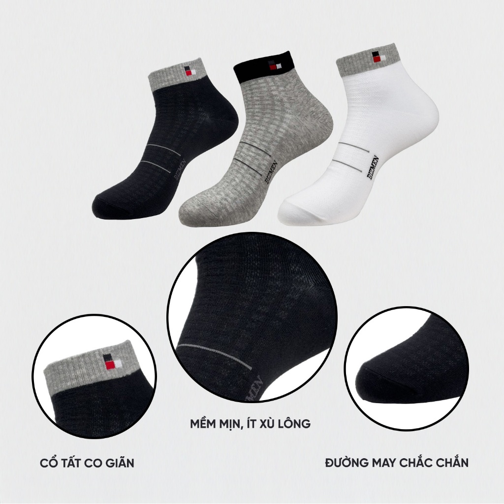 Combo 3 đôi tất cổ trung Bizmen cotton thấm hút mồ hôi tốt co giãn êm ái kháng khuẩn BSC008EDP03