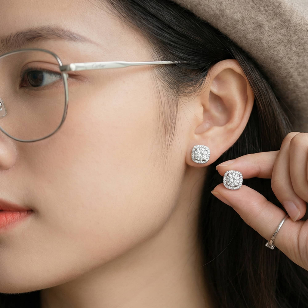 Bông tai bạc nữ đính đá cao cấp phong cách Hàn Quốc hiện đại sang chảnh dành cho nữ ChicEar Jewelry A531