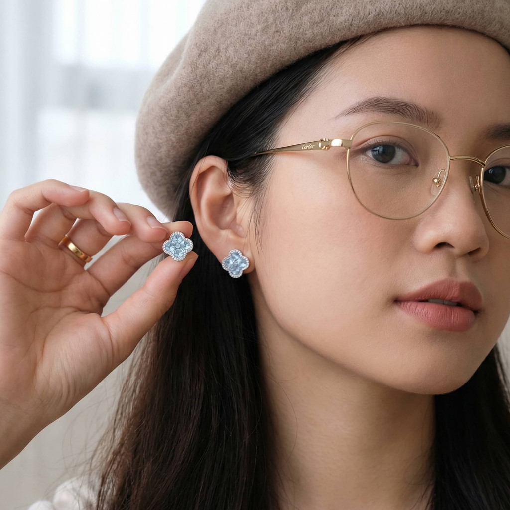 Bông tai nữ bạc cỏ bốn lá đính đá sang trọng Hoa tai đính pha lê Zirconia cao cấp sang trọng thương hiệu ChicEar Jewelry