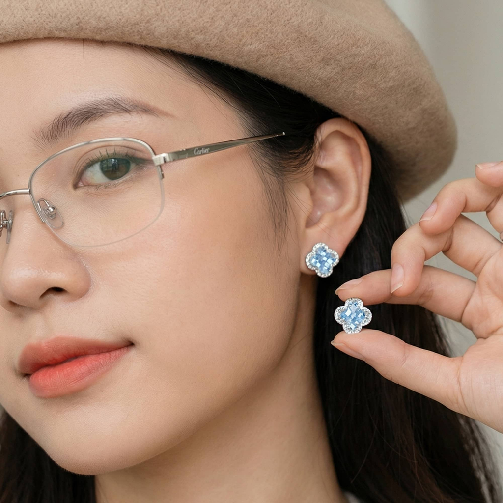 Bông tai nữ bạc cỏ bốn lá đính đá sang trọng Hoa tai đính pha lê Zirconia cao cấp sang trọng thương hiệu ChicEar Jewelry