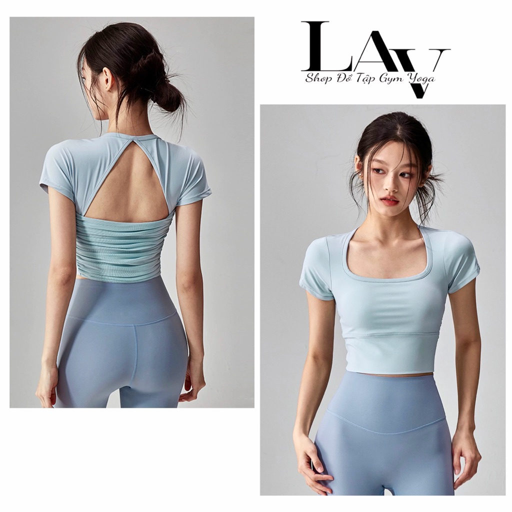 Áo cộc tay tập yoga, pilates cổ vuông lưng hở thanh lịch, mút may liền áo - LAV Activewear/DX389