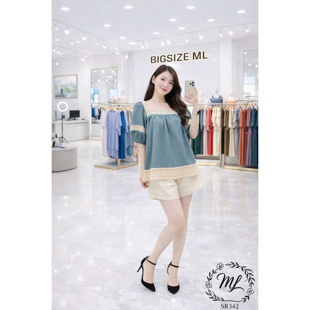 SÉT SR342 – SET BIGSIZE ÁO LỤA PHỐI REN + QUẦN SHORT COTTON LẠNH 55–90KG