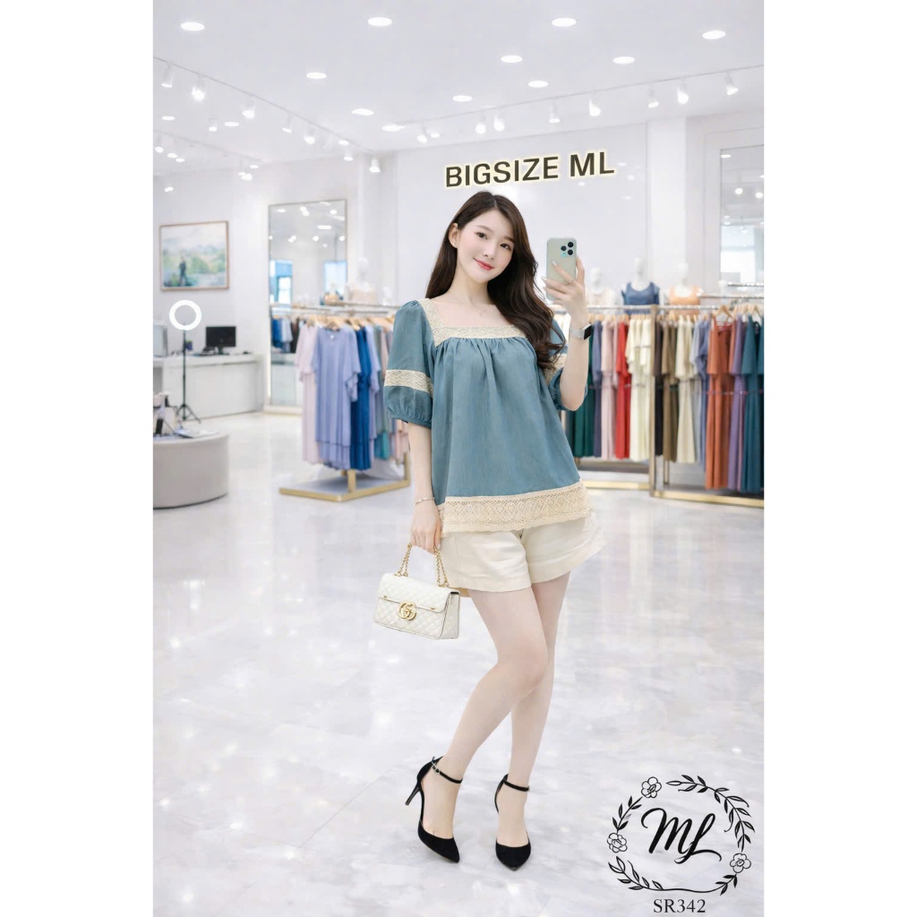 SÉT SR342 – SET BIGSIZE ÁO LỤA PHỐI REN + QUẦN SHORT COTTON LẠNH 55–90KG