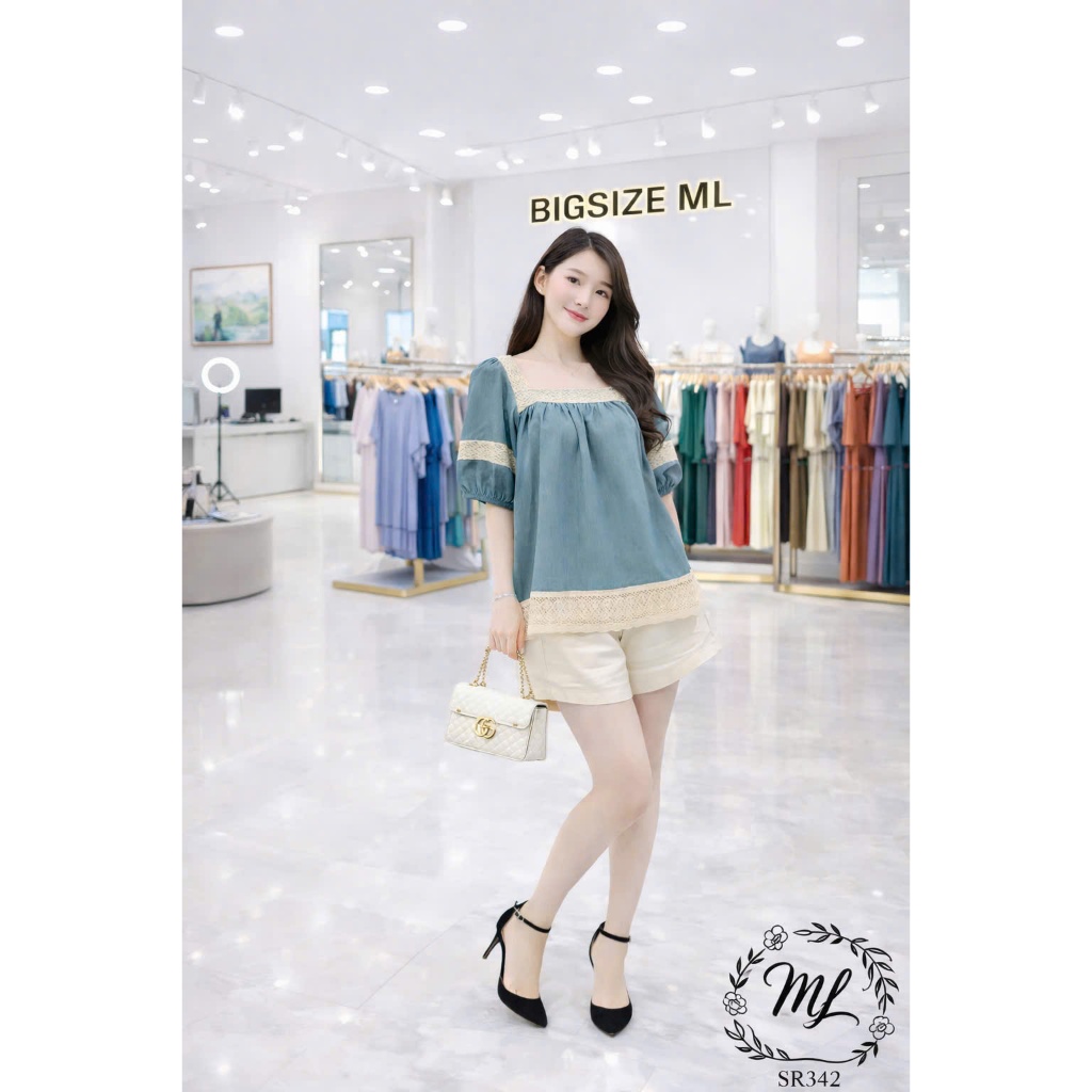 SÉT SR342 – SET BIGSIZE ÁO LỤA PHỐI REN + QUẦN SHORT COTTON LẠNH 55–90KG