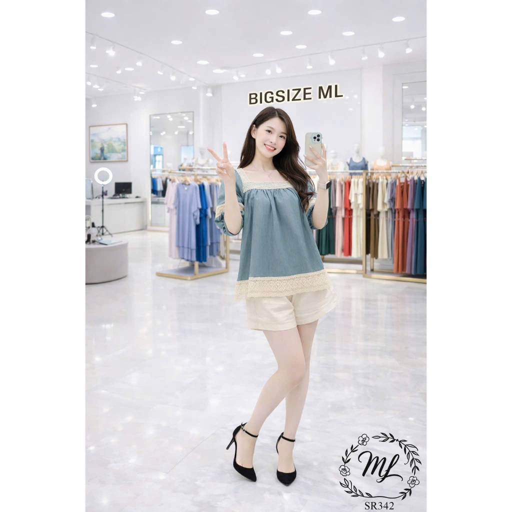 SÉT SR342 – SET BIGSIZE ÁO LỤA PHỐI REN + QUẦN SHORT COTTON LẠNH 55–90KG