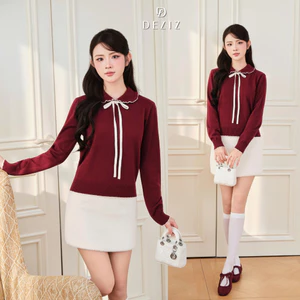 DELIZ - Áo len cho nữ cổ sen phối nơ dài tay tiểu thư nhiều màu bst thu đông AL75