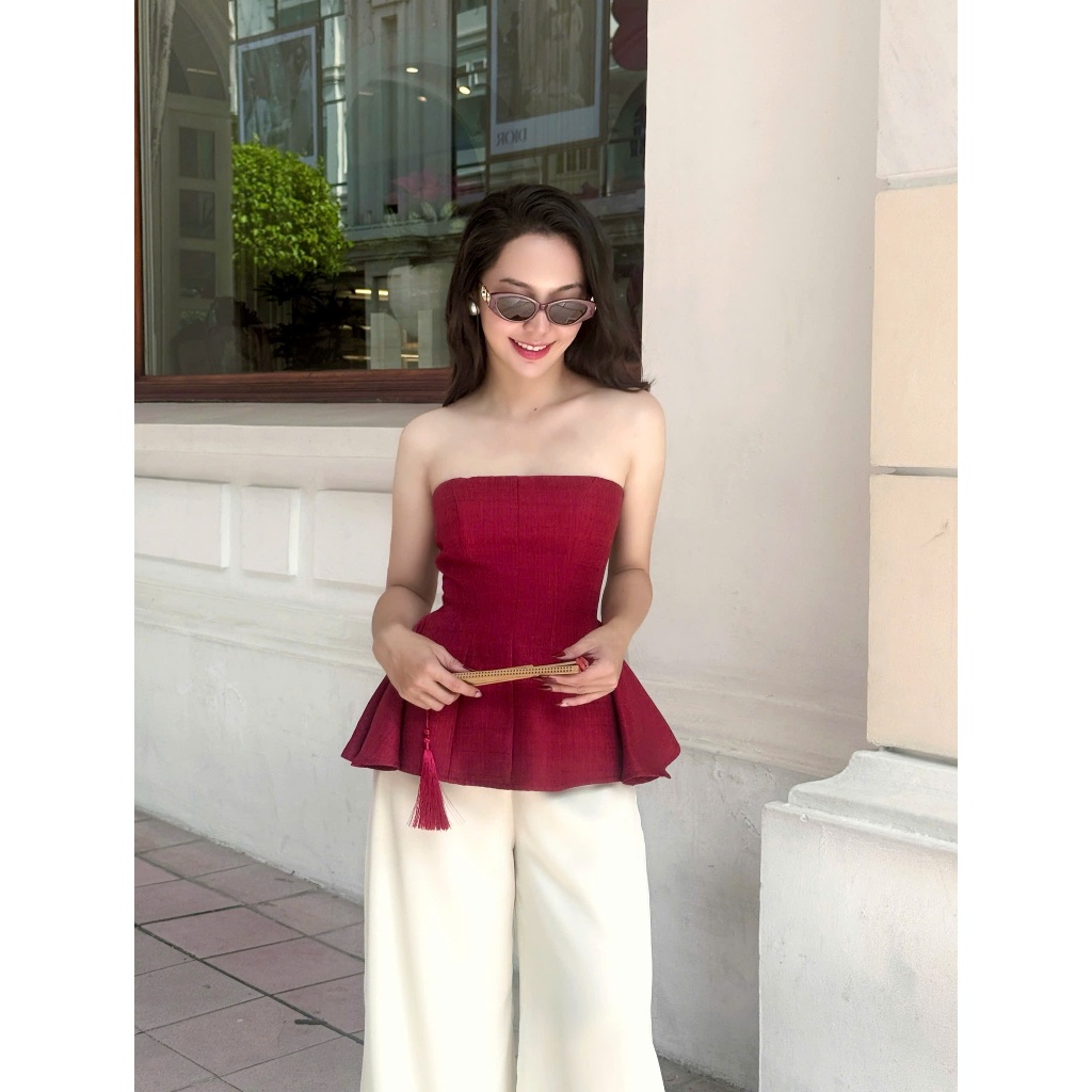 Orli Label | Esme Shirt | Red / Sky | Áo cúp tweed form peplum | Đỏ đô / Xanh pastel