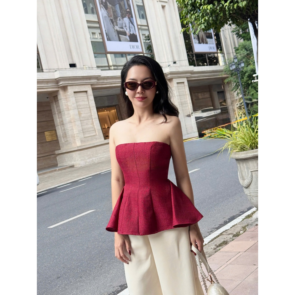 Orli Label | Esme Shirt | Red / Sky | Áo cúp tweed form peplum | Đỏ đô / Xanh pastel
