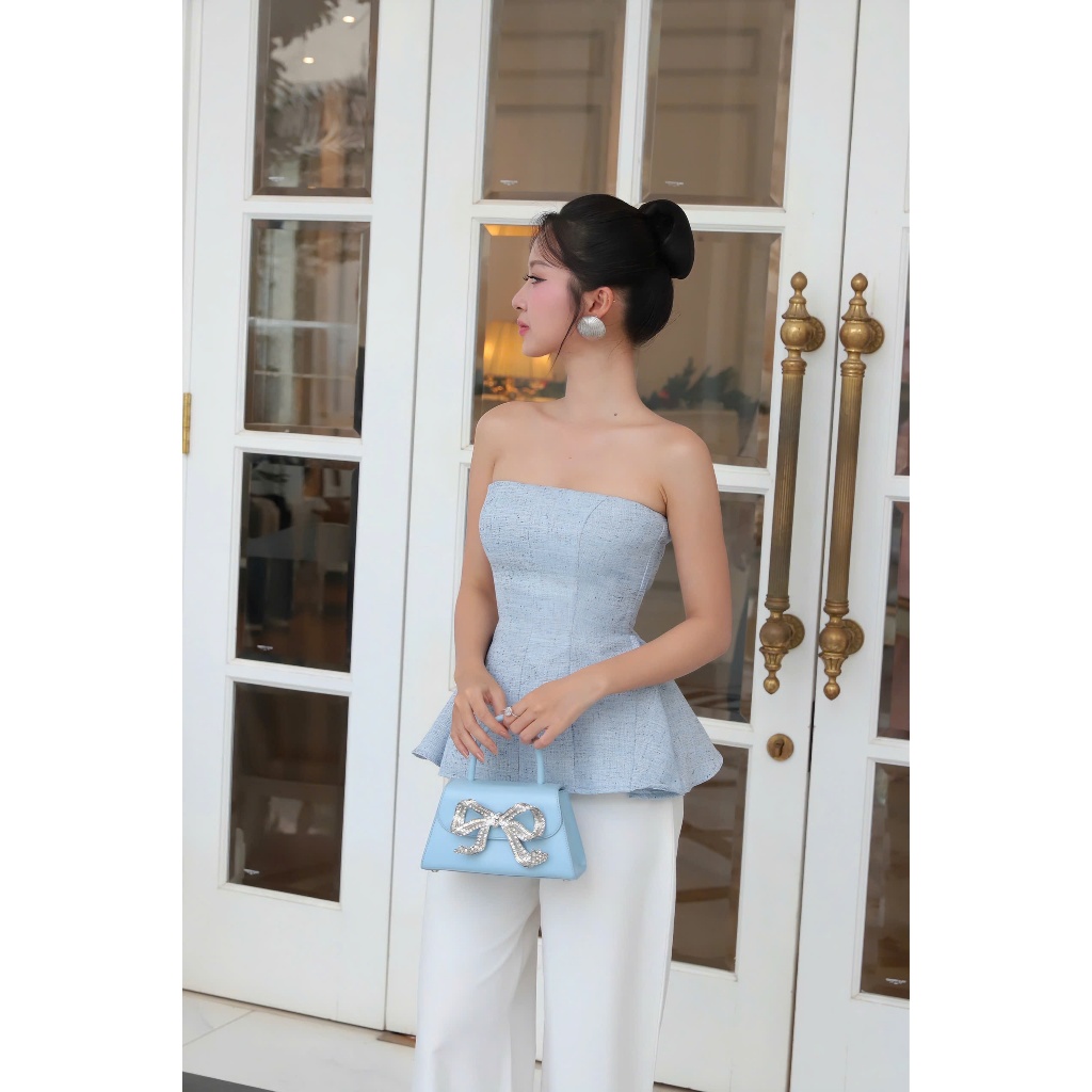 Orli Label | Esme Shirt | Red / Sky | Áo cúp tweed form peplum | Đỏ đô / Xanh pastel