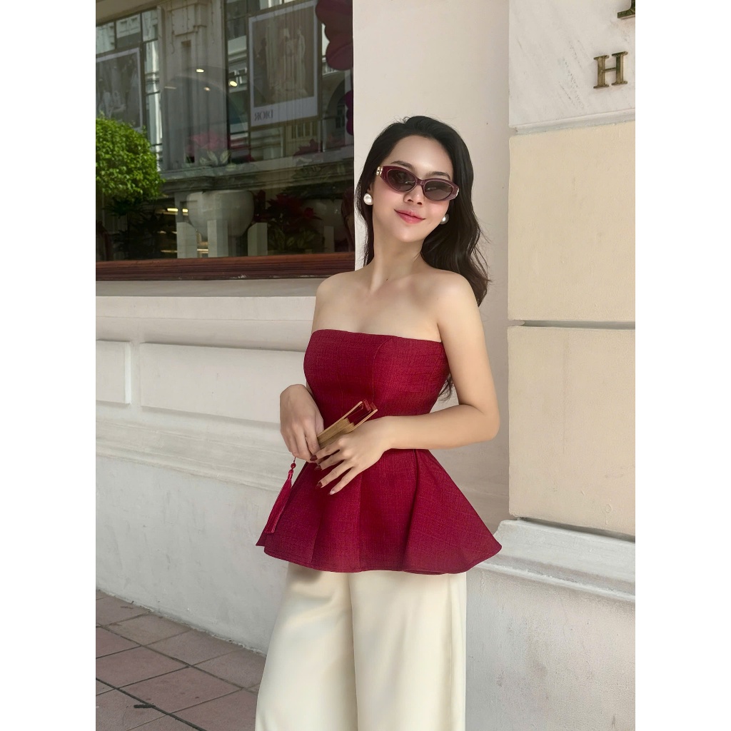 Orli Label | Esme Shirt | Red / Sky | Áo cúp tweed form peplum | Đỏ đô / Xanh pastel