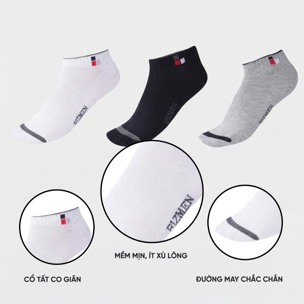 Bộ 2 tất vớ nam cổ ngắn Bizmen sợi cotton cao cấp, thấm hút mồ hôi tốt BSC006EDP02