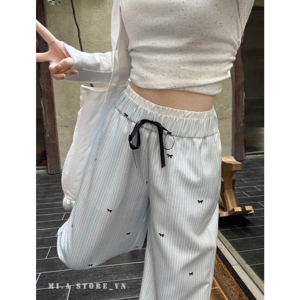 Quần Ống Rộng Nữ Kẻ Sọc Phối Nơ Siêu Xinh Chất Đũi Nhật Dày Dặn Tôn Dáng Mặc 4 Mùa - Pena House