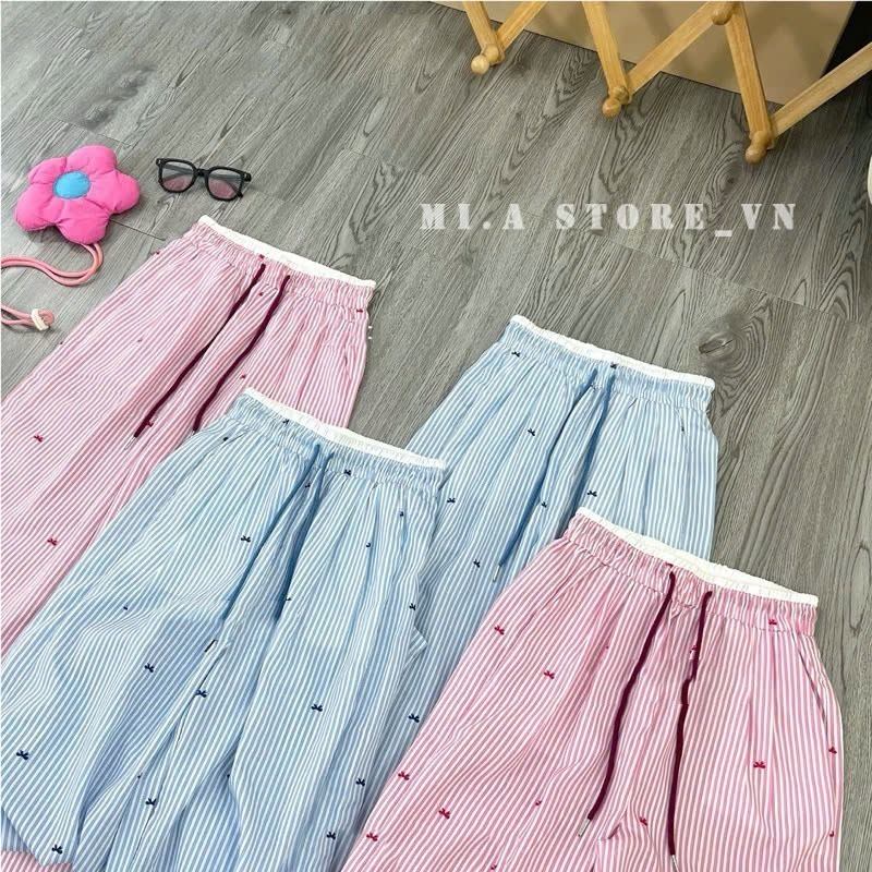 Quần Ống Rộng Nữ Kẻ Sọc Phối Nơ Siêu Xinh Chất Đũi Nhật Dày Dặn Tôn Dáng Mặc 4 Mùa - Pena House