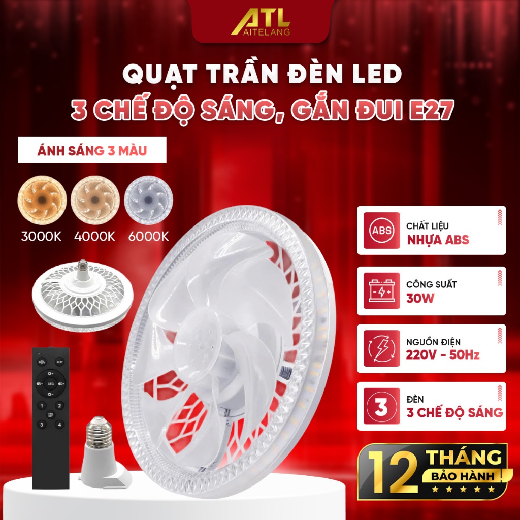 Quạt trần đèn LED 3 chế độ sáng, gắn đuôi E27, có điều khiển từ xa gió mát, ánh sáng dịu, dễ lắp đặt