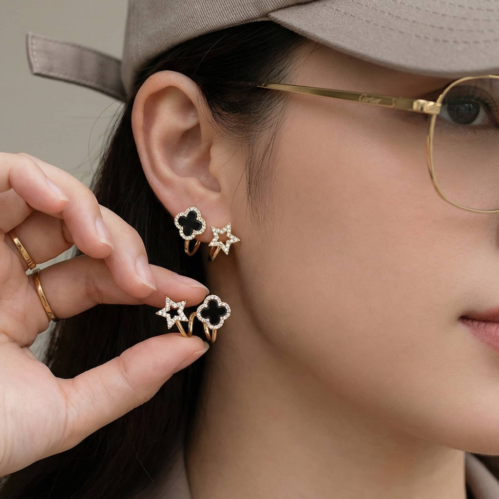 Bông tai nữ bạc cỏ bốn lá đính đá sang chảnh Hoa tai ChicEar Jewelry đính pha lê Zirconia cao cấp sang trọng