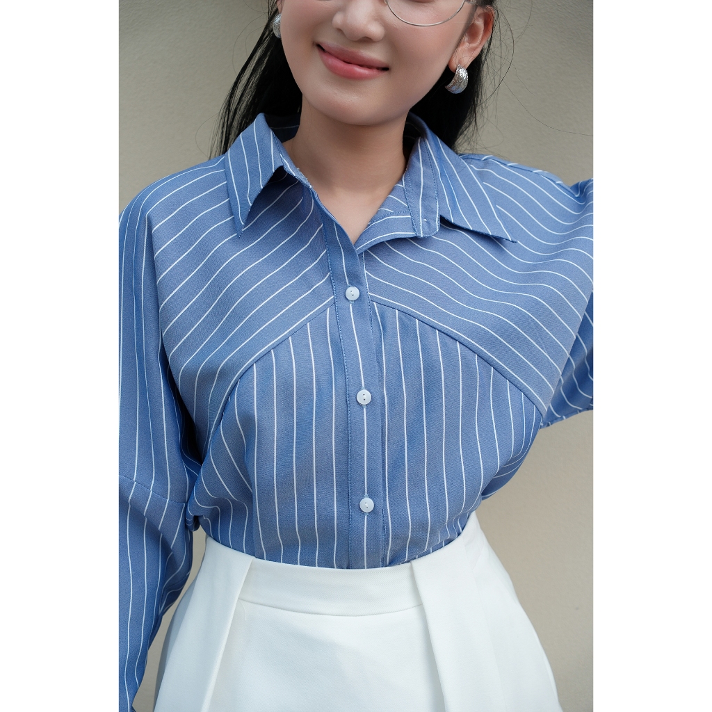 Áo sơ mi nữ oversize Gmorning - GUMAC tay cánh dơi phối sọc xéo lai bầu  YAG01022