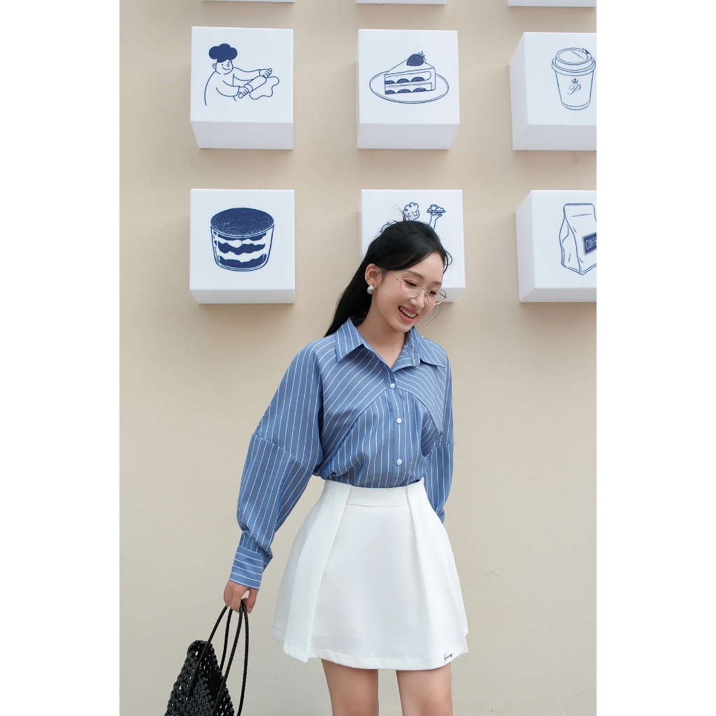 Áo sơ mi nữ oversize Gmorning - GUMAC tay cánh dơi phối sọc xéo lai bầu  YAG01022