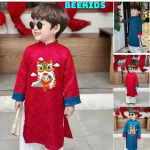 Sét áo Dài cách tân cho bé trai mặc tết, bộ áo dài nam chất lụa gấm in hình lân chất gấm 2 da đẹp mặc tết DA10- BEEKIDS