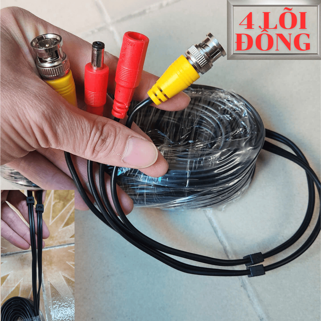 Cáp truyền tín hiệu camera 18 - 20m có sẵn jack nguồn và jack BNC BH 12 Tháng