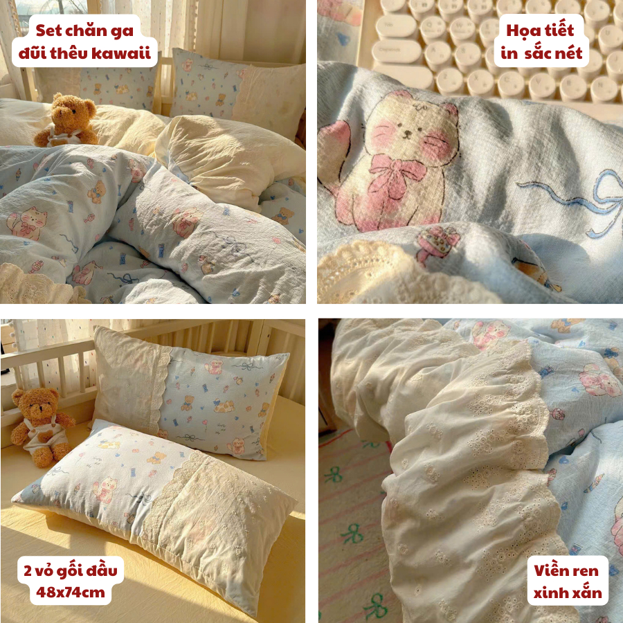 (TỔNG HỢP 4) Bộ chăn ga gối 4 món đũi mix ren Memminbedding Luxury chất liệu thoáng mát, bảng màu tươi sáng năng động