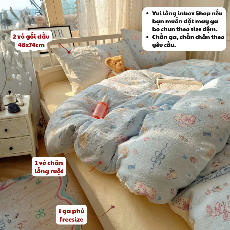 (TỔNG HỢP 4) Bộ chăn ga gối 4 món đũi mix ren Memminbedding Luxury chất liệu thoáng mát, bảng màu tươi sáng năng động