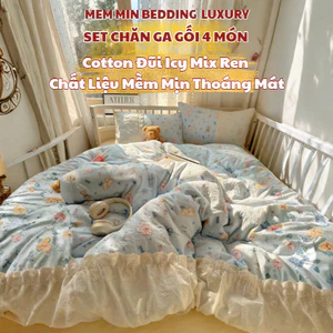 Bộ chăn ga gối 4 món đũi mix ren Memminbedding Luxury chất liệu thoáng mát, bảng màu tươi sáng năng động