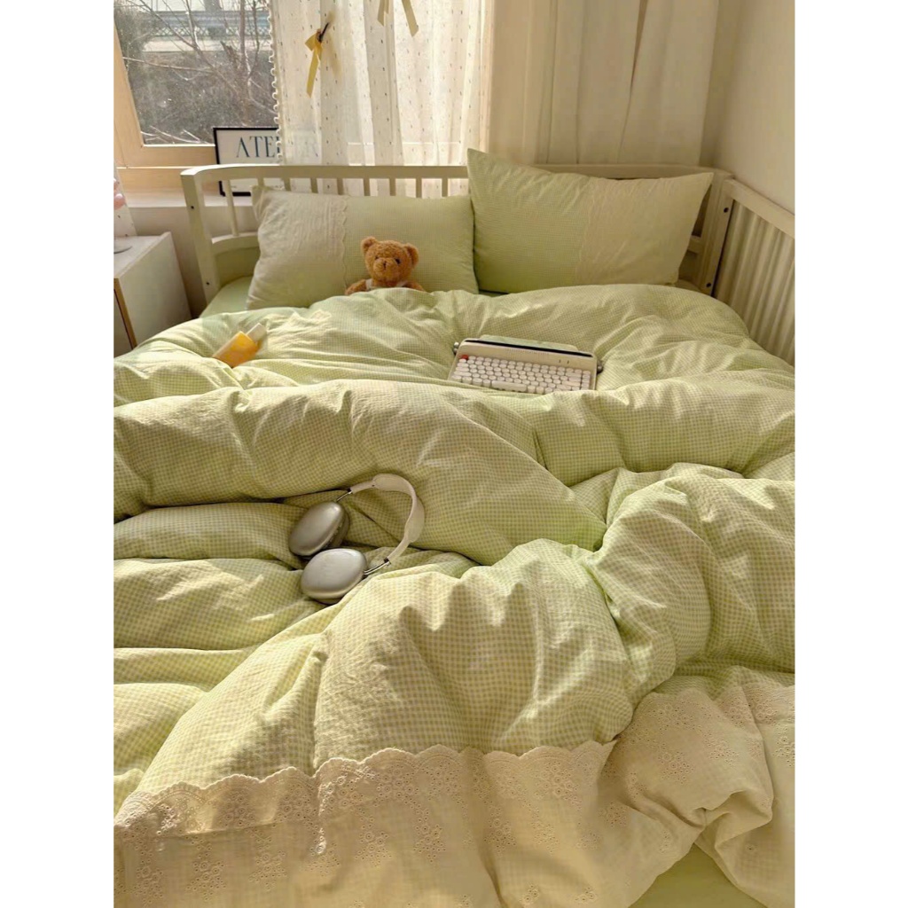 (TỔNG HỢP 4) Bộ chăn ga gối 4 món đũi mix ren Memminbedding Luxury chất liệu thoáng mát, bảng màu tươi sáng năng động