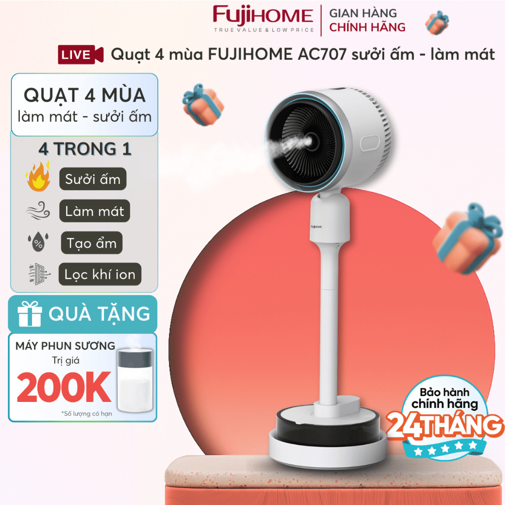 Quạt 4 mùa sưởi ấm làm mát Nhập Khẩu FUJIHOME AC707 lọc không khí, Quạt điện phun sương tạo ẩm