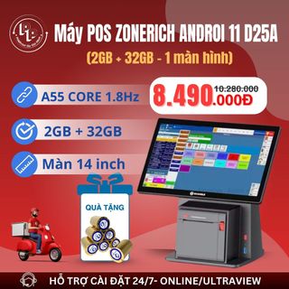 [ANDROI- 2GB+32GB] Máy POS bán hàng Zonerich D2A ANDROI 11, thân tích hợp máy in bill, BH chính hãng 12 tháng