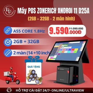 [ANDROI- 2GB+32GB] Máy POS bán hàng Zonerich D2A ANDROI 11, thân tích hợp máy in bill, BH chính hãng 12 tháng