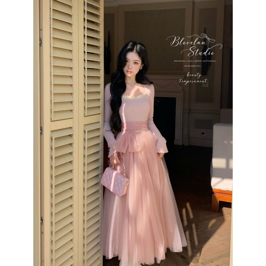 CC] V823 Đầm Len Zip Phối Lưới Cao Cấp Dáng Dài - Váy Tiểu Thư Công Chúa Kèm Đai Nơ Xinh Xắn Sang Trọng