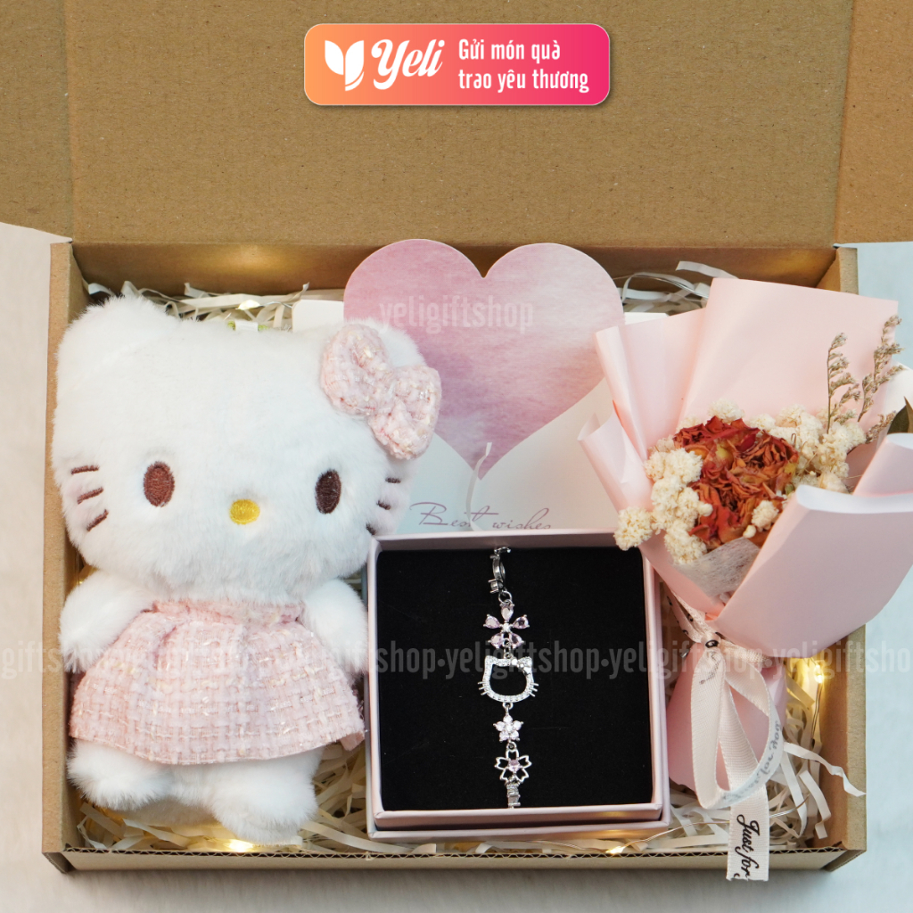 Set quà trang sức vòng tay tặng bạn gái, người yêu kèm Hoa Gấu Hello Kitty, Set quà trang sức Hoa Gấu dễ thương