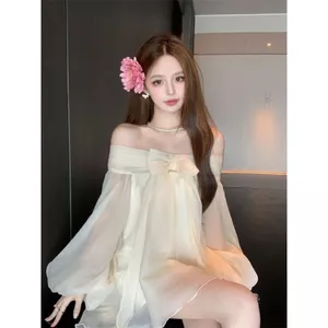 Váy liền voan trễ vai nơ bướm kiểu Pháp phong cách nhẹ nhàng váy ngắn tôn dáng gầy rộng rãi trẻ tru