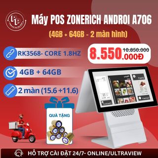 [ANDROI- 4GB+64GB] Máy POS bán hàng Zonerich A706 ANDROI 11 4GB+64GB, cảm ứng mượt, BH chính hãng 12 tháng