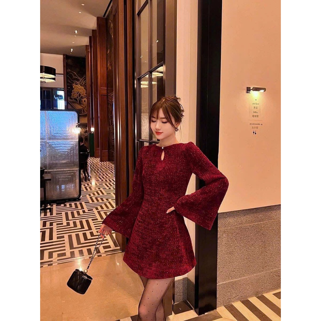 CC] V96 Đầm Dạ Tweed Nhung Đỏ Rượu Thiết Kế Tay Loe Sang Trọng - Váy Dự Tiệc Tiểu Thư Cao Cấp Quyến Rũ