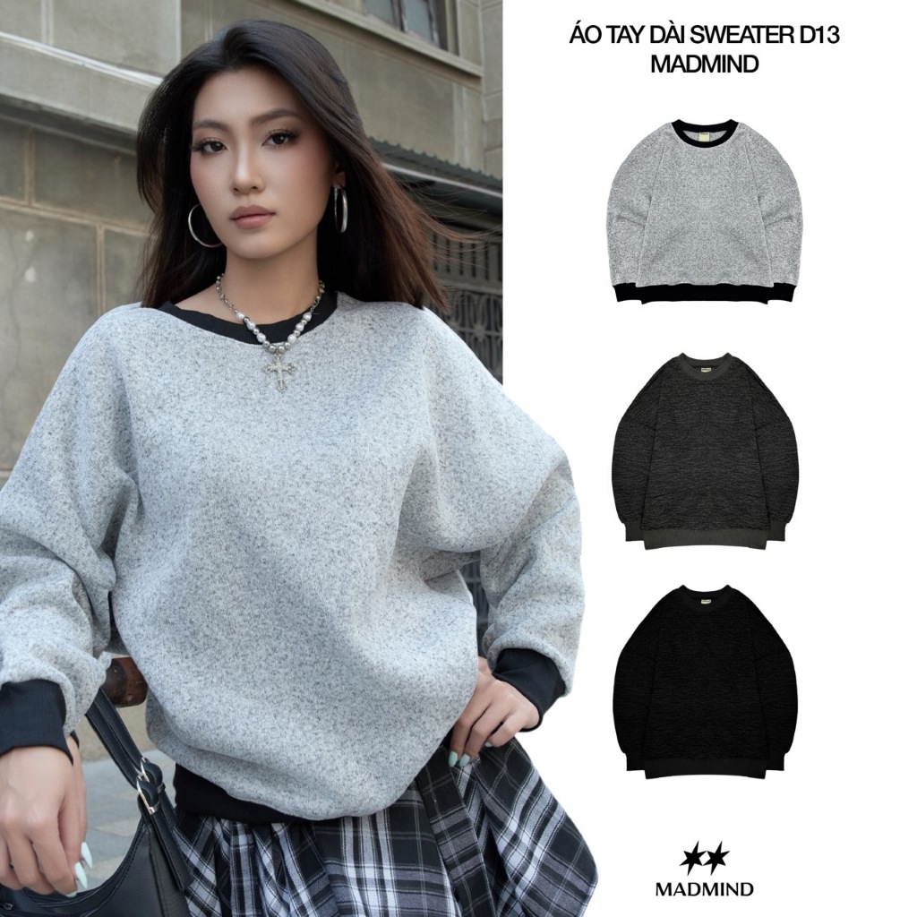 MADMIND Áo Nỉ Sweater Nam Nữ Tay Dài D13 - Màu Đen Muối Tiêu, Xám Muối Tiêu, Xám Trắng | BigBuy360 - bigbuy360.vn