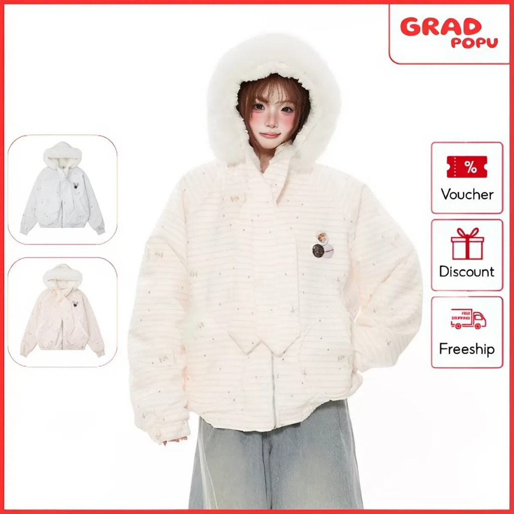 Áo khoác GRADPOPU cotton dày dặn có mũ trùm đầu với cổ lông kẻ sọc ngọt ngào và dễ thương AK562