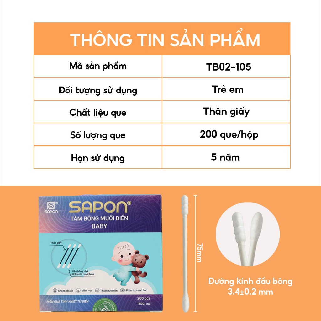Combo 10 hộp Tăm bông trẻ em kháng khuẩn SAPON Baby hộp 200 que thân giấy an toàn cho bé (TB02-105)