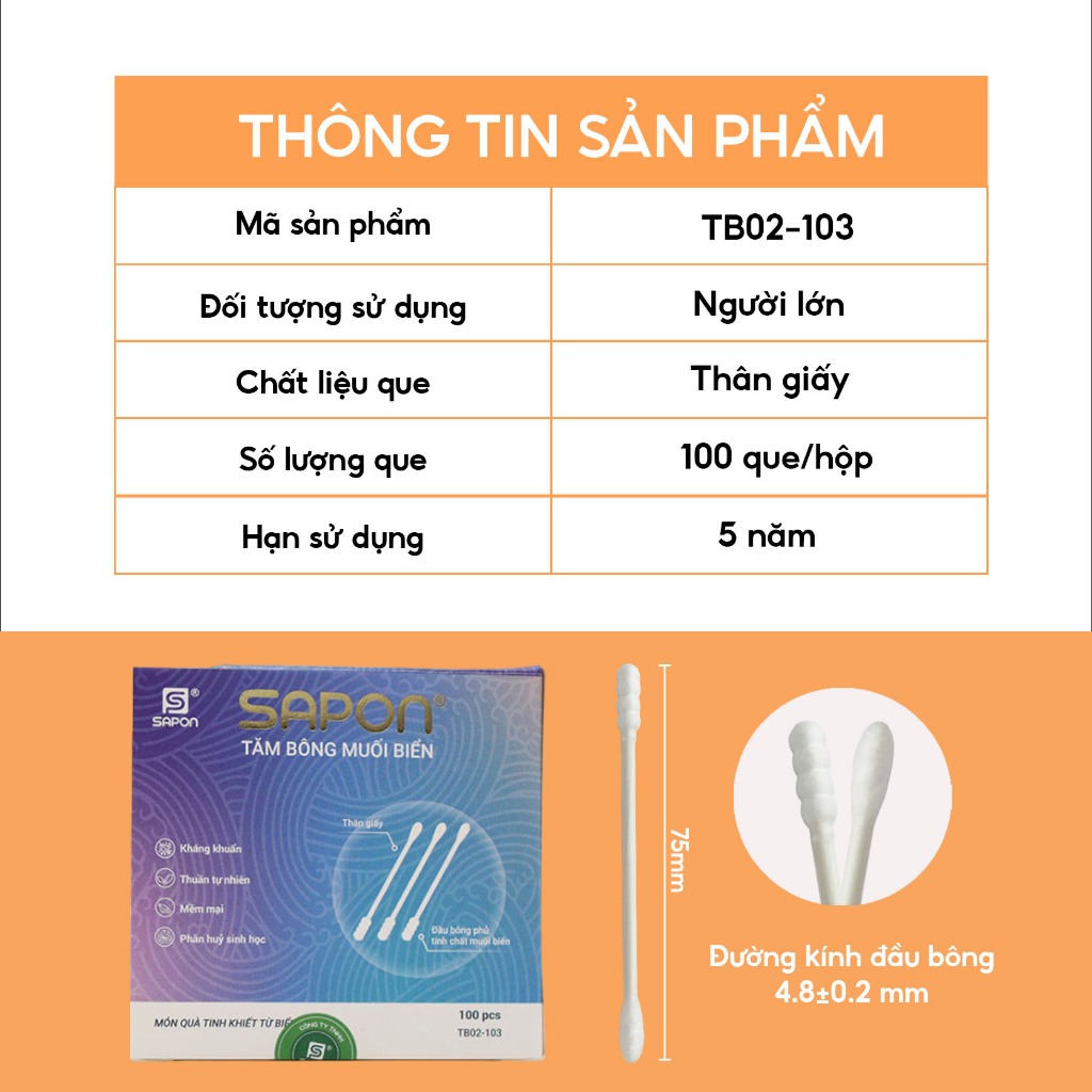 Combo 20 hộp Tăm bông muối biển SAPON thân giấy an toàn 100 que thấm hút hiệu quả, mềm mịn(TB02-103)