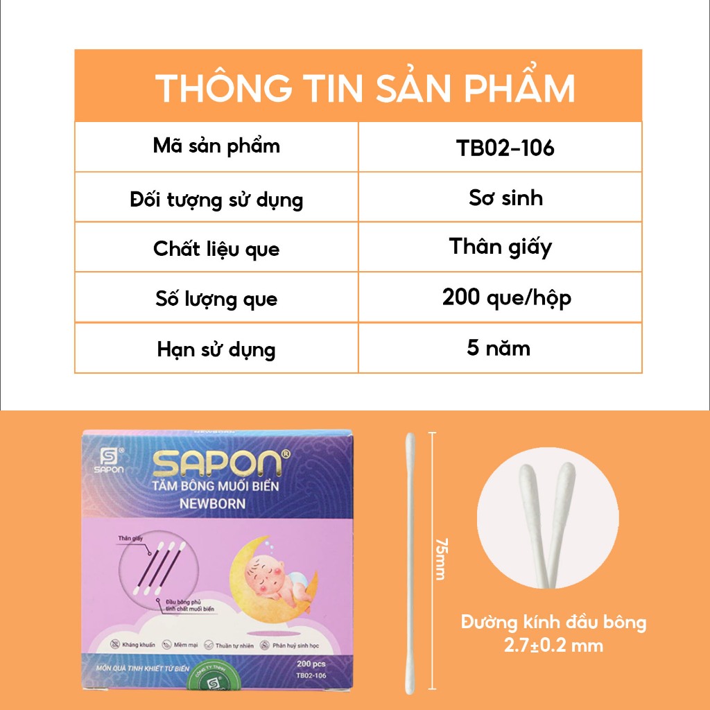 Combo 10 hộp Tăm bông cho bé sơ sinh SAPON NewBorn 200 que thân giấy đầu siêu nhỏ bông mềm(TB02-106)