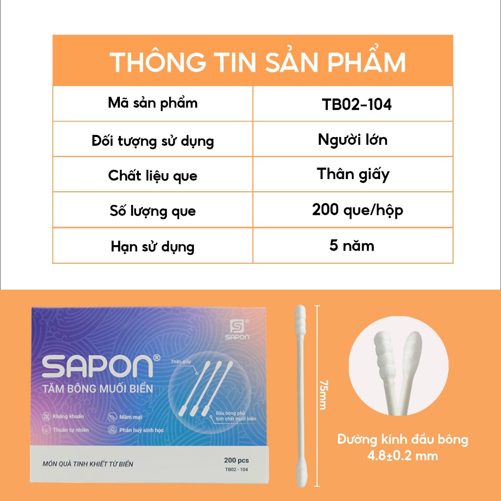 Combo 20 hộp Tăm bông muối biển SAPON 200 que thân giấy dẻo dai kháng khuẩn vệ sinh (TB02-104)