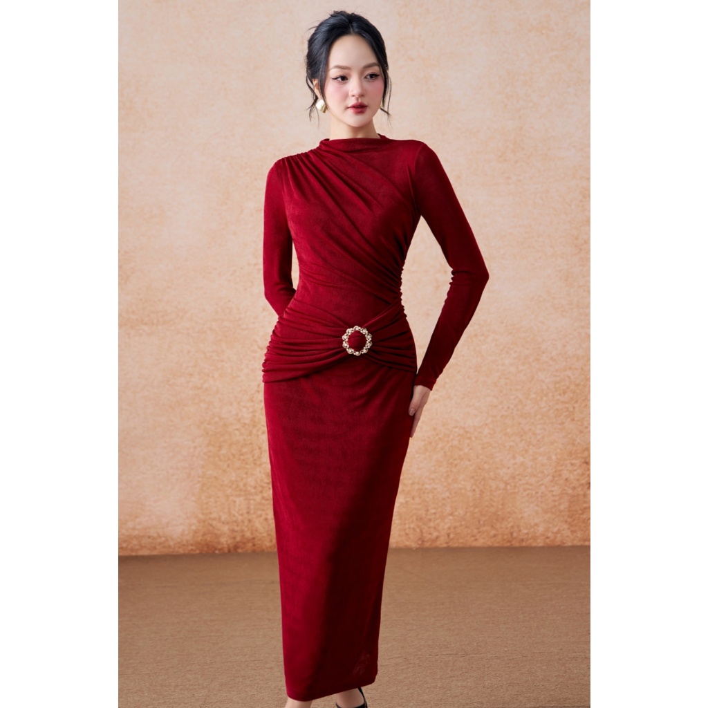 Đầm drap eo nữ ELLA DORA form ôm đính khoen đá thiết kế dáng dài thanh lịch hiện đại [D271]
