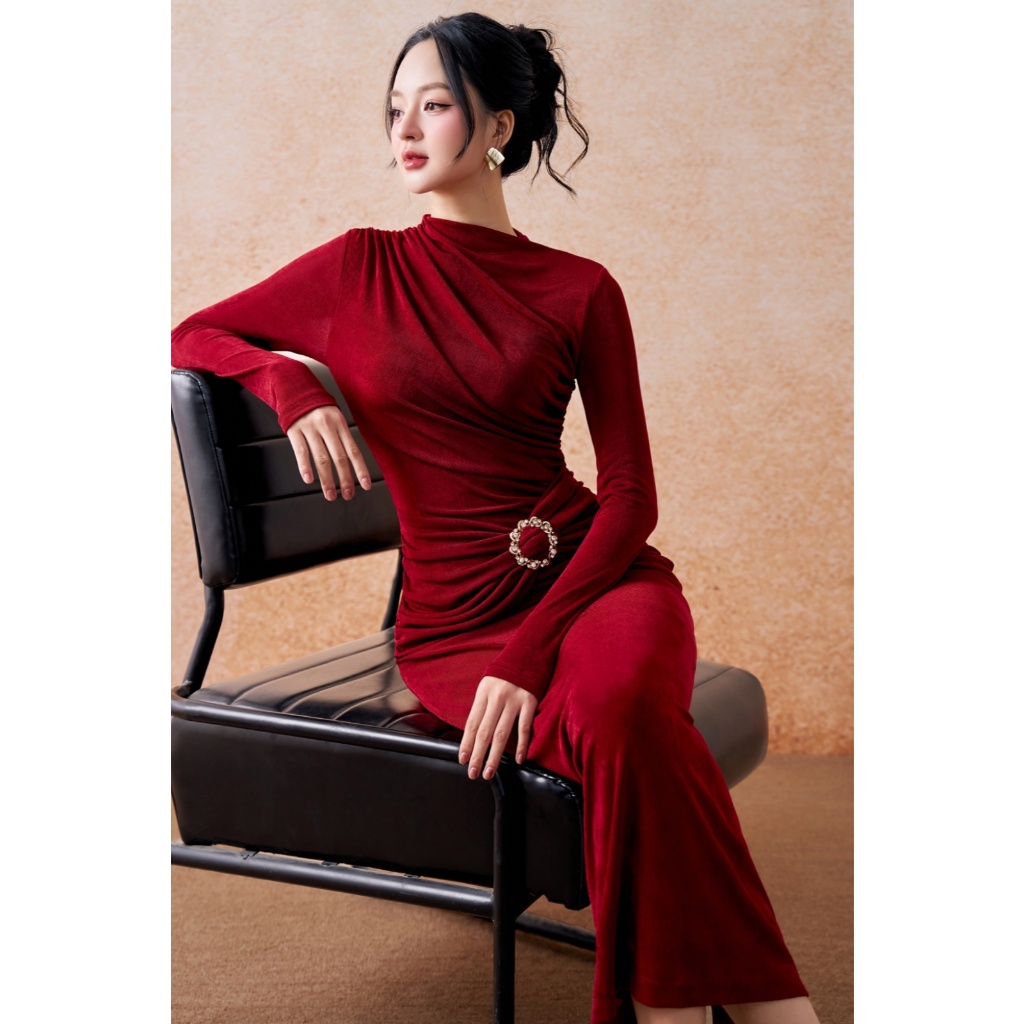 Đầm drap eo nữ ELLA DORA form ôm đính khoen đá thiết kế dáng dài thanh lịch hiện đại [D271]